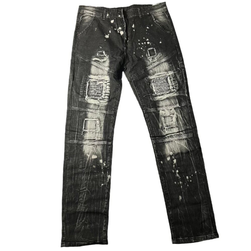 Men's Trousers Biker Ripped Stretch Stitching Patches Denim Jeans